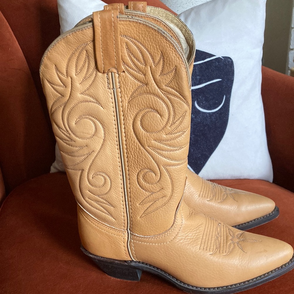 Tan leather cowboy boots